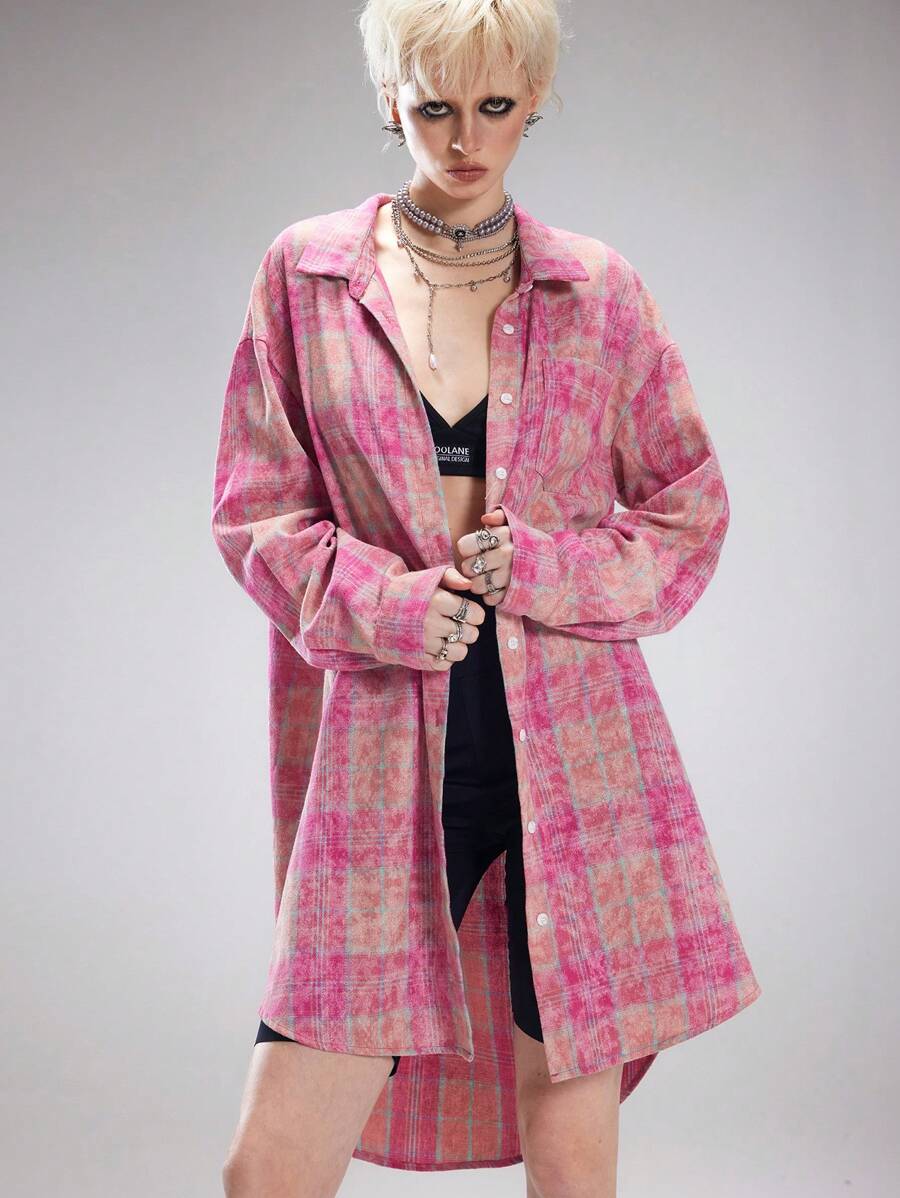 Coolane Women's Spring/Summer Grunge Preppy Going Out Dirty Washed Plaid Long Shirts - Pink - View 1
