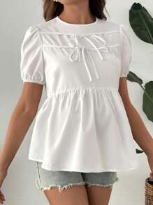 SHEIN Comfortable Puff Sleeve Ruffle Hem Women Blouse, Maternity Wear - White - View 5