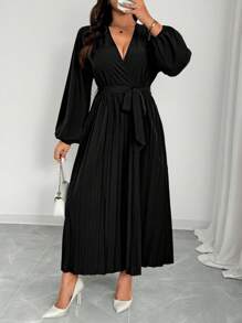 Elenzga Women's Elegant V-Neck Ruched Waist Long Sleeve Solid Color Plus Size Jumpsuit - Black - View 5