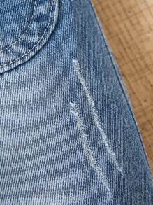 Young Girl Casual Washed Blue Loose Drawstring Waist Denim Shorts With Frayed Hem, Versatile And For Everyday Wear - Medium Wash - View 5