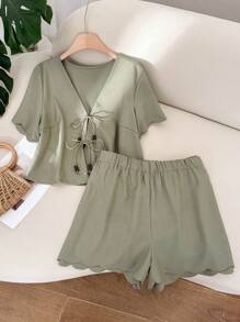 CosyJoli 加大码贝壳边系带袖衬衫和短裤套装，度假休闲女装两件套夏季 - 綠色 - 查看 3