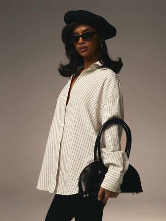 Athîral 女士前扣领长袖粉色条纹简约衬衫情人节