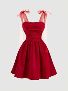 SHEIN PETITE Red Mesh Strap Gathered Romantic Summer Dress Perfect For Vacation - Red - View 1