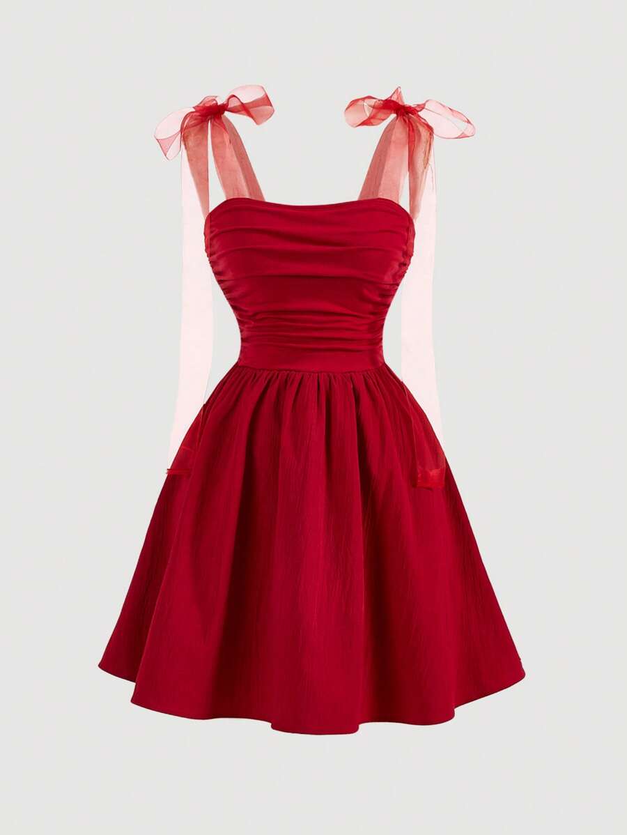 SHEIN PETITE Red Mesh Strap Gathered Romantic Summer Dress Perfect For Vacation - Red - View 1