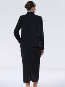 SHEIN Privé Set da 2 pezzi di abbigliamento casual da ufficio per donne: camicia con colletto e polsini con bottoni + gonna lunga basic, in tessuto premium con ricamo - nero - Visualizzare 2