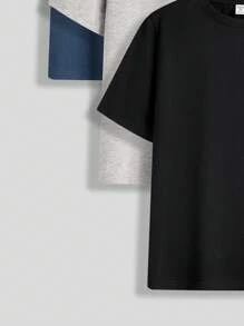 SHEIN 4pcs/Set Teen Boy Casual Solid Color Round Neck Loose Knit Short Sleeve T-Shirt, Multi-Color, School, Campus, College - Black - View 5