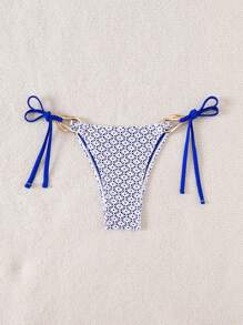 SHEIN Women's Summer Beach Vacation Cute Textured Fabric Solid Color Metal Hardware Side Tie Bikini Bottom - Blue - View 8