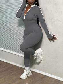 Slaydiva Women's Contrast Color Splice Long Sleeve Jumpsuit - Grey - View 7