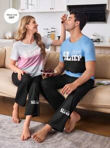 CoupledUp 2 件套男士休闲字母印花拼布睡衣套装，情侣家居服 - 彩色 - 查看 3