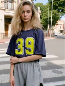 SHEIN Explorewe 2pcs Girls' Casual Stylish School/Commute Minimalist Comfortable Outdoor Drop Shoulder T-Shirt & Shorts Set, Summer New Fashion Color Block Numeric Print - Multicolor - View 1