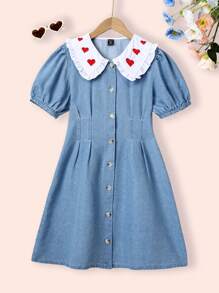 Tween Girl Casual Bleached Denim Dress With Heart Embroidery, Slim Fit Versatile Design For Everyday Wear, Chic And Fashionable - Light Wash - View 6
