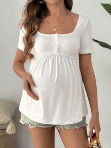 SHEIN Maternity Solid Color Square Neck Short Sleeve Button Placket Casual T-Shirt - White - View 3