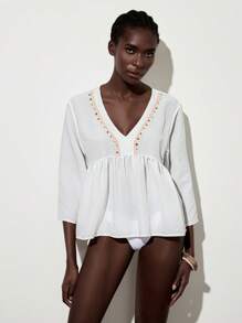 Lumivelle Blusa casual con escote en V y ribete floral, estilo de vacaciones para mujer