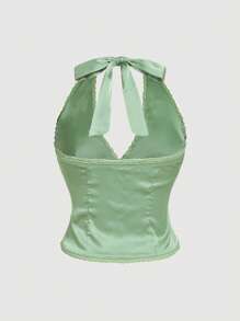 SHEIN MOD 大码女式纯色前系带吊带蕾丝时尚衬衫