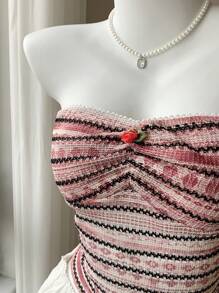 Comfortcana Summer Top Women Bathing Suits Tube Top Pink Lace Striped Top - Multicolor - View 2
