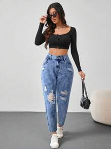 SHEIN Tall 女士紧身破洞蓝色七分牛仔裤 - 卡其色 - 查看 3