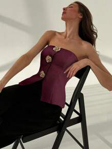 Aloruh 办公室无袖上衣，现代金属纽扣装饰，杏色，女士适用