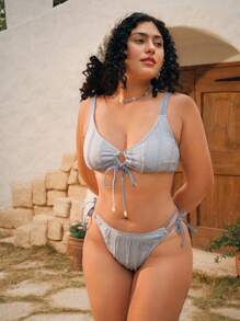 Swim Mod Plus Size Women 2pcs Sweet Lace-Up Blue Beach Resort Swimwear Set For Summer Beach Vacation - Blue - View 1