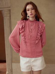 PREMIUM CONTRAST LACE RUFFLE TRIM BLOUSE - Red - View 5
