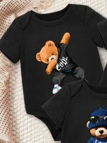 SHEIN Leap Crew 3件套男婴休闲可爱小熊印花短袖圆领连体衣套装，适合夏季穿着