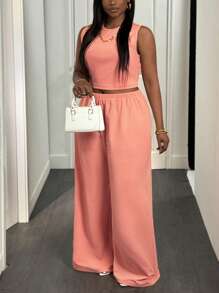 Slaydiva 2pcs Plus Size Women Solid Crew Neck Camisole And Wide Leg Pants Knit Casual Set - Orange - View 4