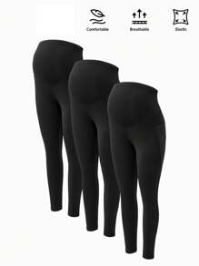SHEIN 3pcs/Set Maternity Solid Color Adjustable Waist Leggings, Autumn/Winter Maternity Pants