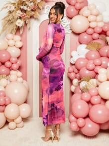 Loomaby Maternity Elegant Party Tie-Dye Print Ruched Form-Fitting Dress
