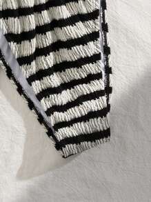 Bonvoyette 3pcs Women Spring Break Solid Color Textured Fabric Metal Decor Bikini Set For Summer Beach Vacation - Black and White - View 8