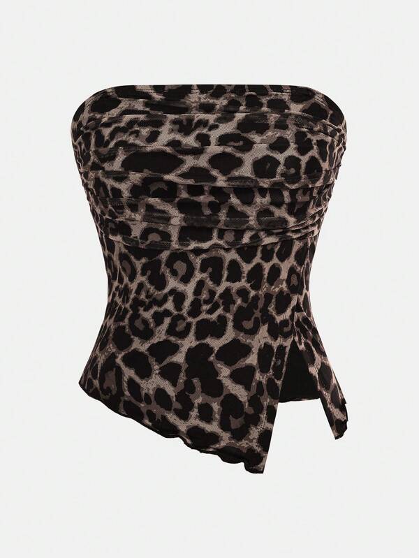 SHEIN Girlism Top de tubo fruncido con abertura y borde de malla tejida con estampado de leopardo para adolescentes