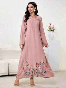 Al Najma Floral Print V-Neck Long Sleeve Ruffle Hem Arabian Dress,Modest - Pink - View 6