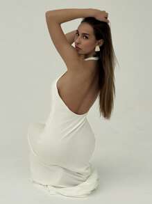 Aloruh Elegant Sexy Halter Neck Deep V Backless Ruched A-Line Wedding Guest Dress - White - View 3