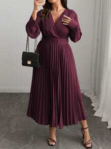 Elenzga Plus Size Women's V-Neck Solid Color A-Line Long Sleeve Dress, Elegant Office & Casual, With Waist Belt, Suitable For Spring, Autumn & Winter, For Christmas Maxi Women Outfit Fall Cloth For Women - Red Violet - View 1