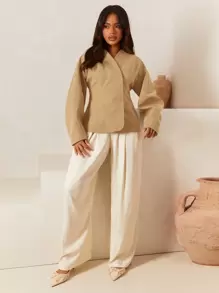 Athîral 女式纯色落肩长袖休闲夹克，秋冬 - 卡其色 - 查看 3