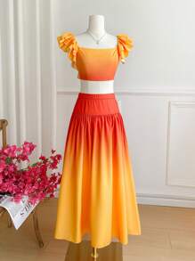 SHEIN VCAY Conjunto de top corto con cuello cuadrado, espalda descubierta, mangas con volantes y falda larga en estilo degradado - Amarillo - Ver 4