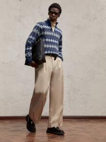 AKNOTIC Party 男士拼色针织休闲套头毛衣，立领，半拉链，落肩，长袖，适合秋冬季日常穿着，金属拉链