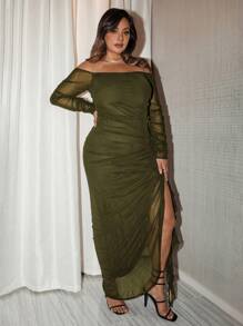 SHEIN BAE 大码女式网眼露肩褶饰荷叶边浪漫飘逸优雅派对长款紧身绿色连衣裙