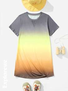 SHEIN 1pc Girls Loose Casual Round Neck Pullover Dress With Front Letter Print And Ombre Color Short Sleeve, Suitable For Outdoor And Summer - Grey - View 1