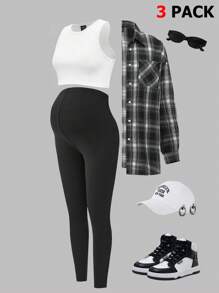 Modmama Conjunto de maternidad de 3 piezas: Camisa de manga larga a cuadros en negro y blanco, Top de camiseta blanca corta, Pantalones cortos de ciclismo, para salidas casuales en otoño - Blanco y Negro - Ver 14
