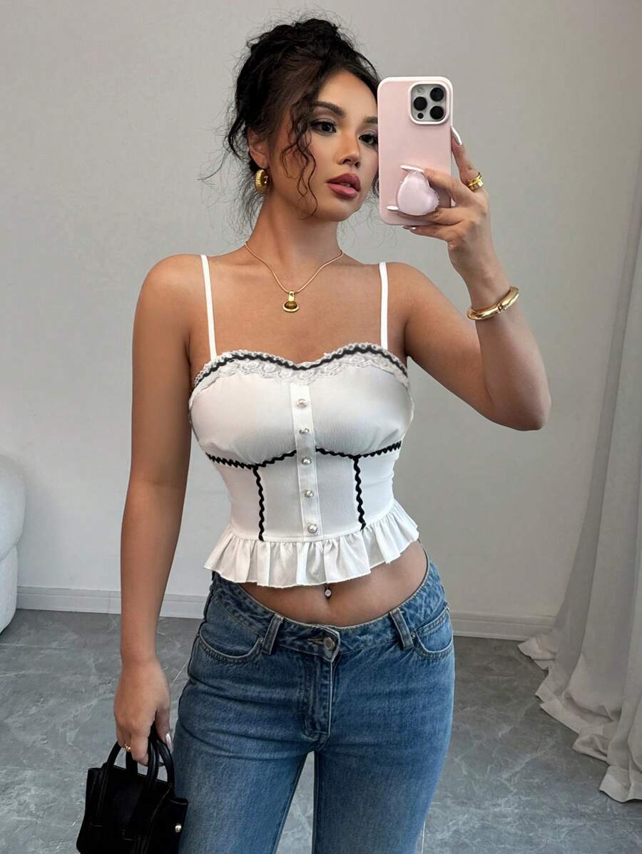 Selianne Women Vacation Casual Ruffle Trim Pearl Button Camisole Top With Slim Fit Ruffle Hem, Black - White - View 1