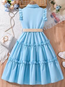 SHEIN Tween Girl Solid Color Front Button Ruffle Hem Mid-Calf Dress With Woven Belt,Holiday,Summer,Travel - Blue - View 2