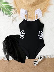 Tween 女童简约时尚休闲连体泳衣，适合日常穿着 - 黑與白 - 查看 3