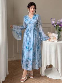 DAZY Spring Floral V-Neck Ruffle Hem Mid-Length Dress For Women,Fall Dress Long Sleeve Dress Easter - Blue - View 4