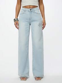 SUMWON WOMEN 十字绣水洗阔腿牛仔裤 - 淺藍色 - 查看 6