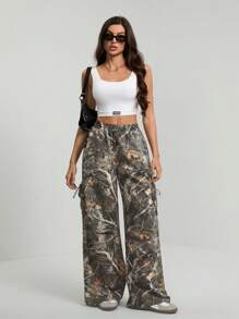 SHEIN Tall Women's Branch Print Baggy Wide Leg Loose Cargo Pants - Army Green - View 5