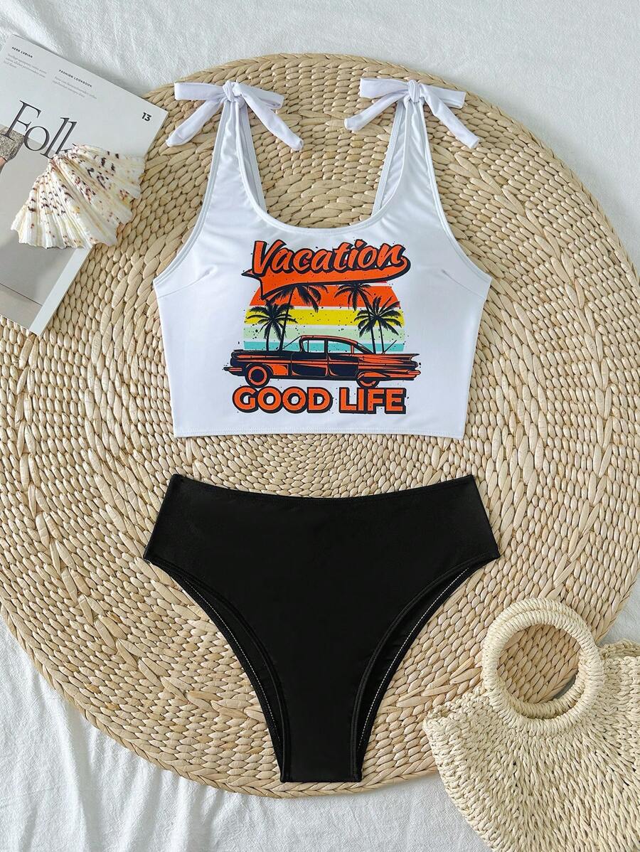 SHEIN Swim Spring Break Printed Spaghetti Strap Bikini Top, Copyright Purchased - Black - View 1