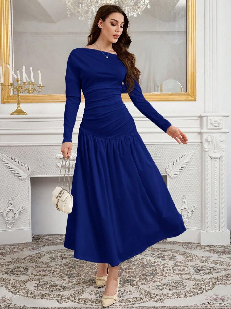 Modelyn 女士优雅魅力斜肩针织编织伞形下摆时尚连衣裙长款晚礼服 - 藏蓝色 - 查看 6