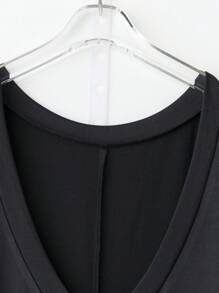 SHEIN LUNE 女士优雅夏季黑色连衣裙，宽松针织连衣裙，V 领，侧褶和喇叭下摆，加大码 - 黑色 - 查看 7