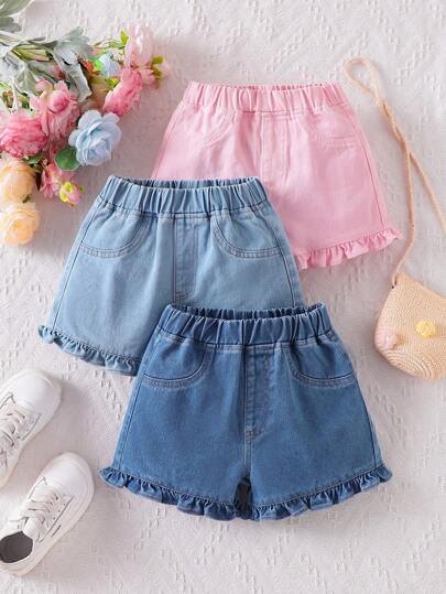 Genkimix Kids 3pcs Young Girl Vintage Ruffled Elastic Stitched Denim Shorts