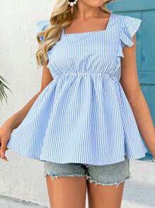 SHEIN 孕妇休闲条纹荷叶边下摆哺乳衬衫 - 藍白色 - 查看 4