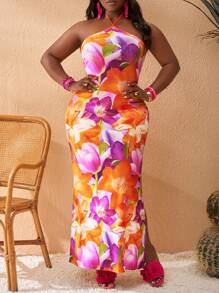 Slaydiva Plus Size Women's Resort Halter Neck Vibrant Print Form-Fitting Dress, Suitable For Beach Vacation - Multicolor - View 8